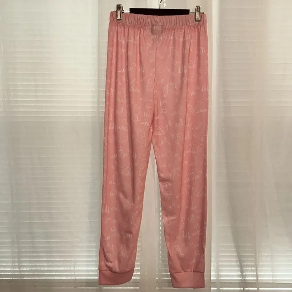 Eddie Bauer 14/16 L Kids Forest Animals Pink White Pajama Jogger Pants Bottom